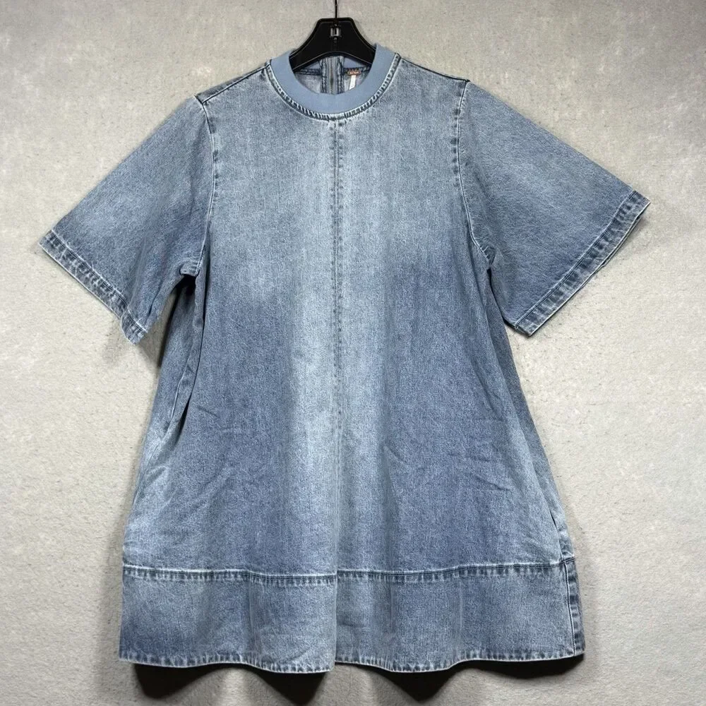 Free People Harlow Mini Dress Women's Size Small Ocean Blue Denim Pockets